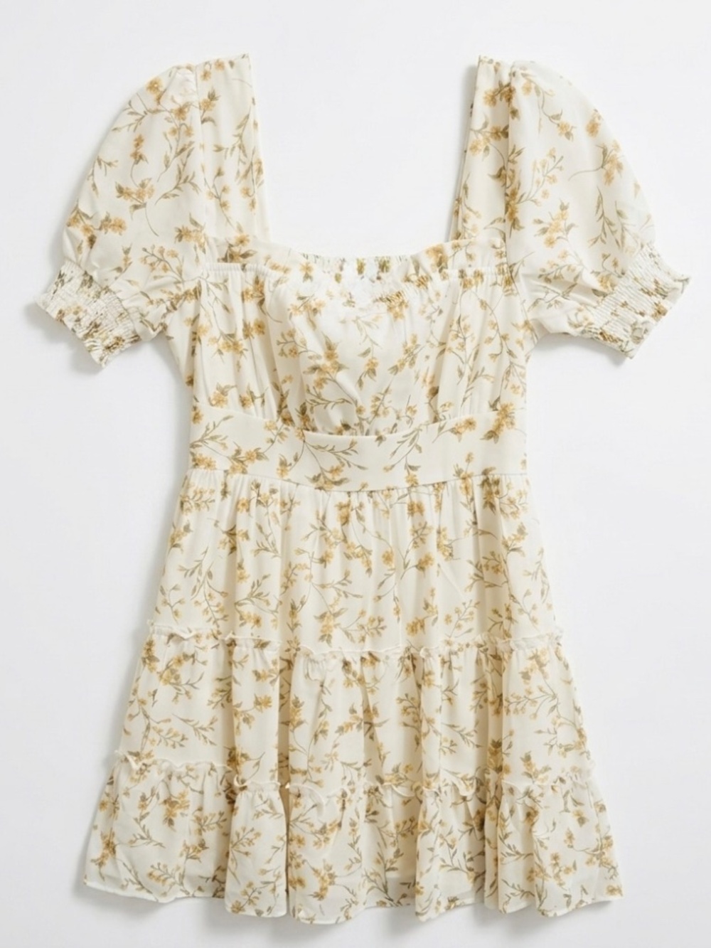 MINE Floral Puff Sleeve Tiered Mini Dress Cream Yellow Smocked Waist M NWT